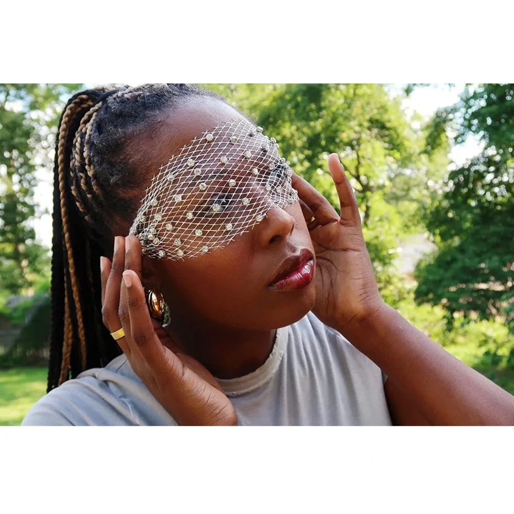 🆕 Crown Headpiece Eye Veil Rhinestone Face Fascinator